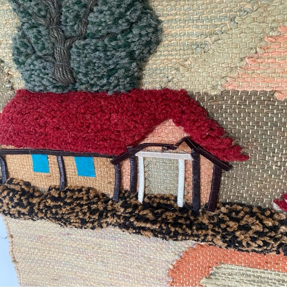 Vintage Handmade Rustic Boho Charming Village Scene Tapestry with Fringe - Picture 4 of 15